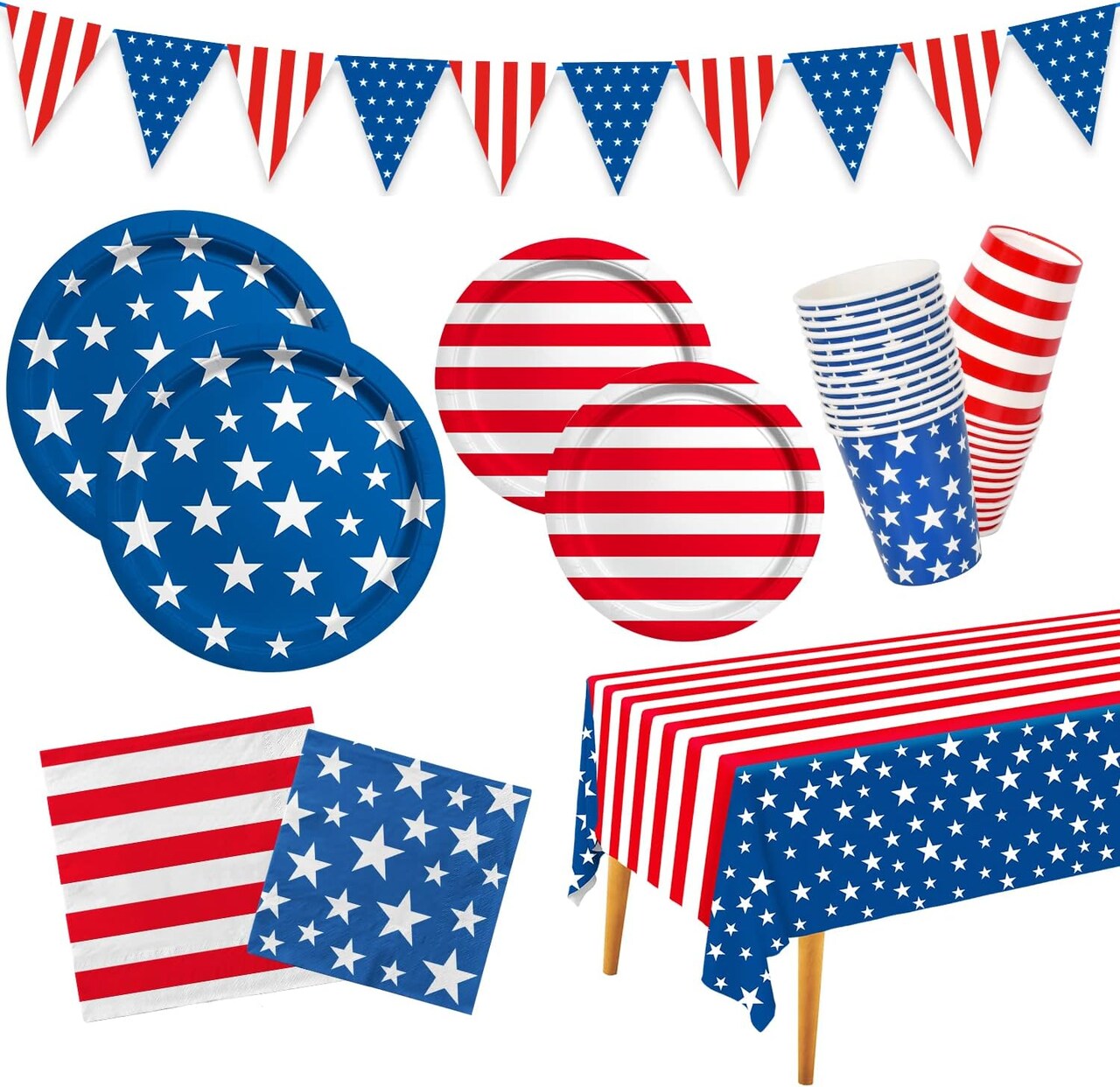 4th of July American Flag Patriotic Party Supplies Disposable Paper Plates Napkins Cocktail Napkins Cups Tablecloth and Banner